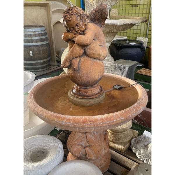 Angel on Ball Large in Tanara Bowl on Leaf Pedestal Concrete Fountain