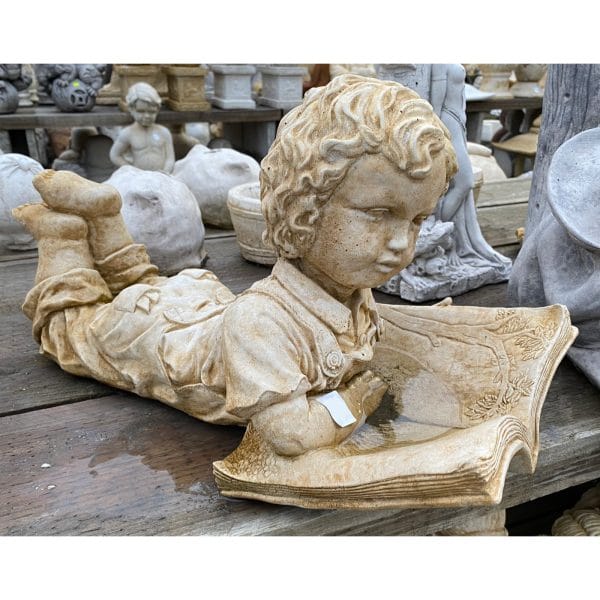 Boy Laying with Book and Girl Laying with Flower Medium Concrete Statue Pair - Image 3