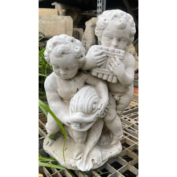 Cherubs with Fish Concrete Statue - Image 2