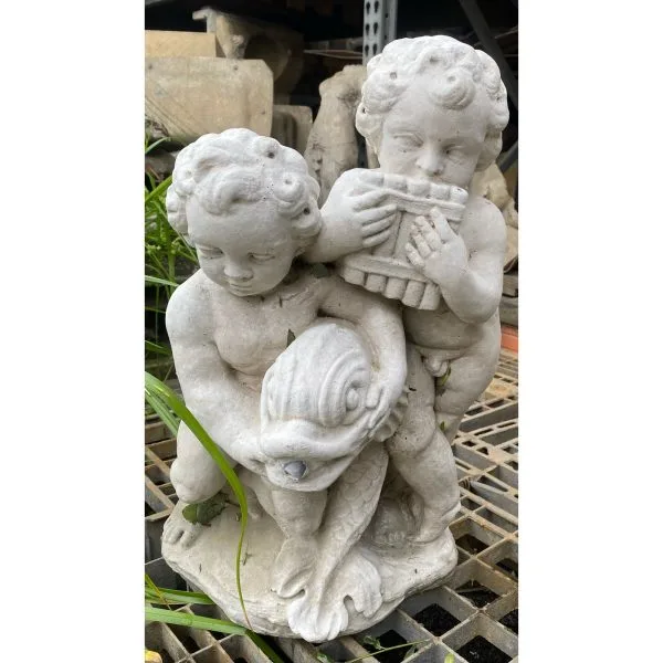 Cherubs with Fish Concrete Statue - Image 2