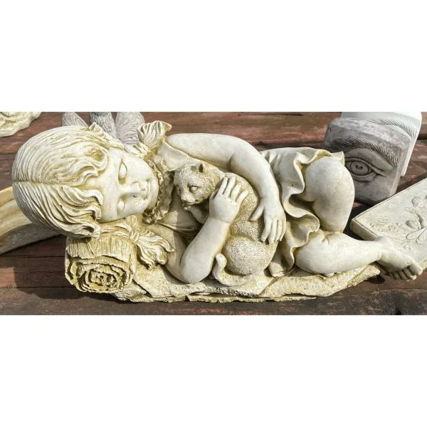 Girl Laying with Kitten Concrete Statue 0243