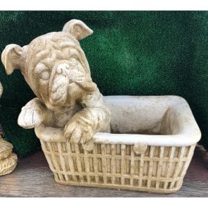 Dog in Basket Medium Concrete Planter Statue