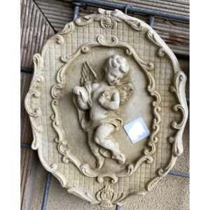 Cherub in Oval Frame look right Concrete Wall Plaque